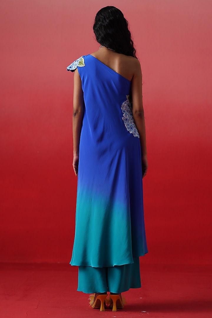 Blue Ombre Crepe Floral Emboidered Party Wear Gown by Kavitha Gutta at Pernia's Pop Up Shop