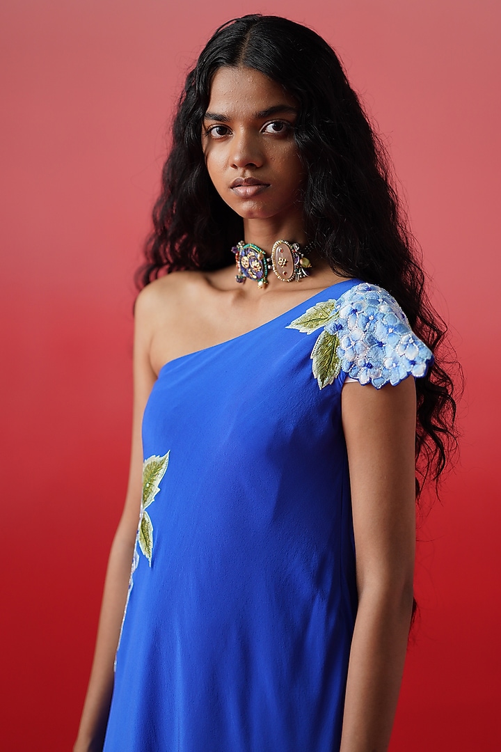Blue Ombre Crepe Floral Emboidered Party Wear Gown by Kavitha Gutta at Pernia's Pop Up Shop