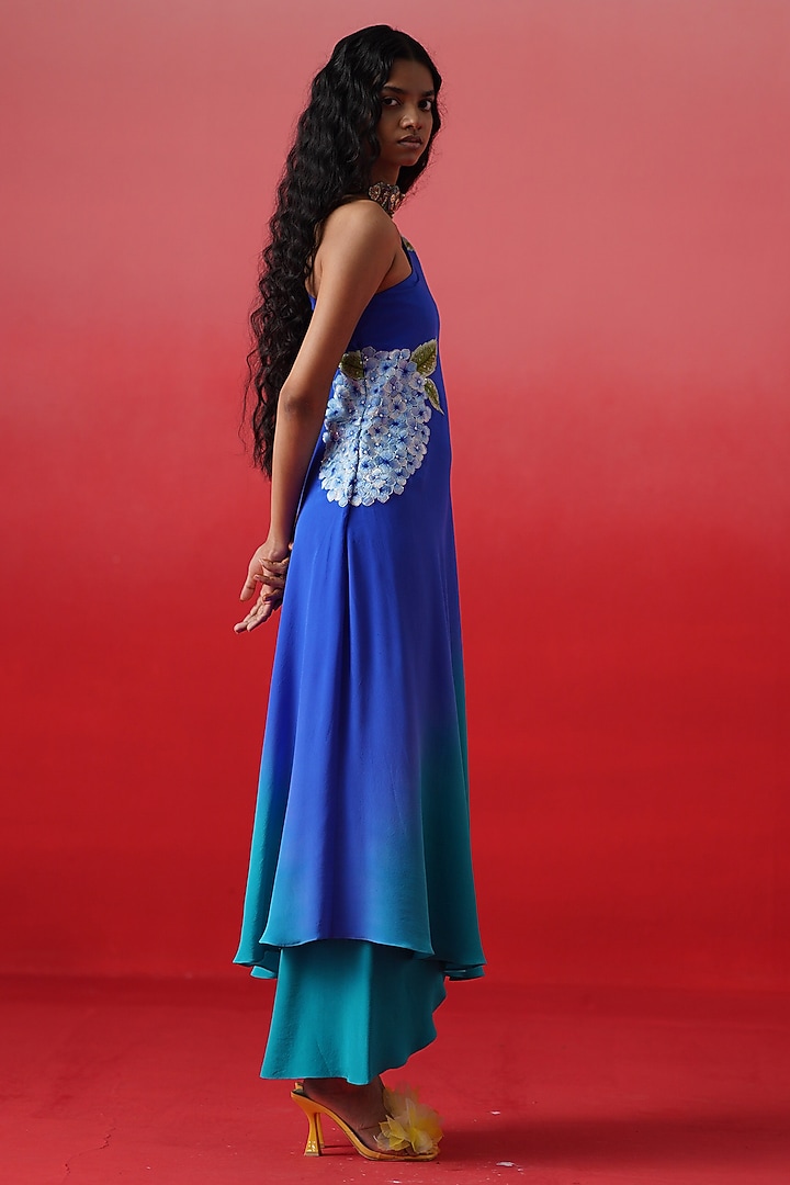 Blue Ombre Crepe Floral Emboidered Party Wear Gown by Kavitha Gutta at Pernia's Pop Up Shop