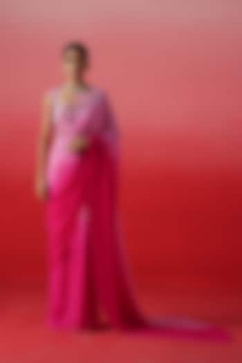 Pink Ombre Crepe Embroidered Wedding Saree Set by Kavitha Gutta at Pernia's Pop Up Shop