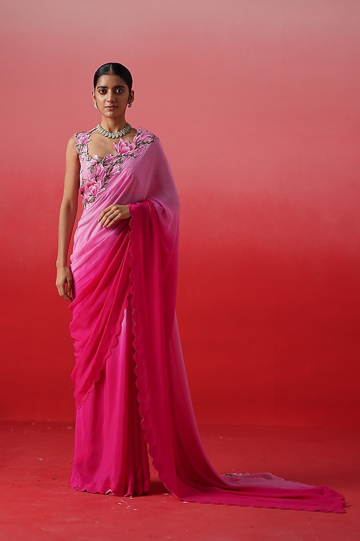 Pink Ombre Crepe Embroidered Wedding Saree Set by Kavitha Gutta at Pernia's Pop Up Shop