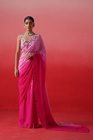 Pink Ombre Crepe Embroidered Saree Set by Kavitha Gutta