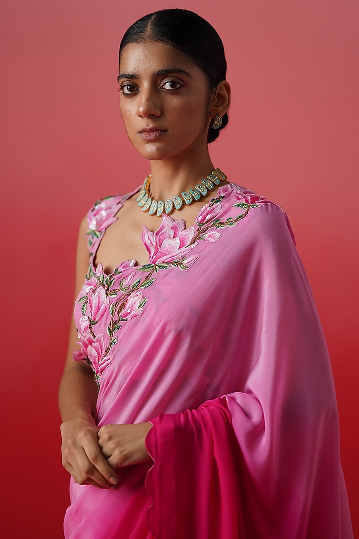 Pink Ombre Crepe Embroidered Wedding Saree Set by Kavitha Gutta at Pernia's Pop Up Shop