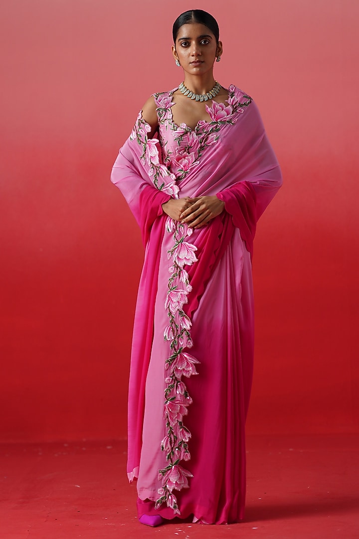 Pink Ombre Crepe Embroidered Wedding Saree Set by Kavitha Gutta at Pernia's Pop Up Shop