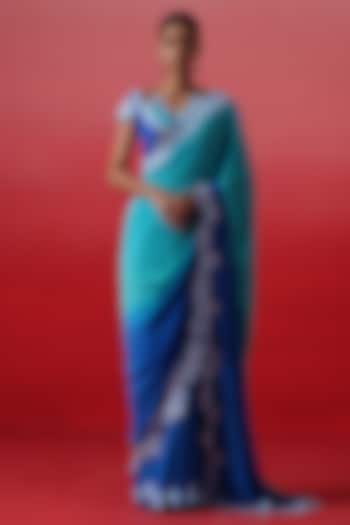 Turquoise & Deep Blue Ombre Crepe Floral Embroidered Wedding Saree Set by Kavitha Gutta at Pernia's Pop Up Shop