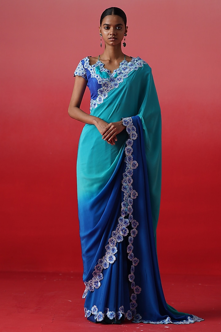 Turquoise & Deep Blue Ombre Crepe Floral Embroidered Wedding Saree Set by Kavitha Gutta at Pernia's Pop Up Shop