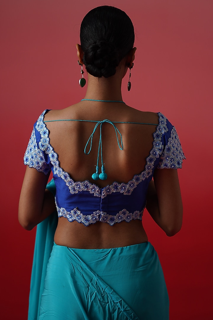 Turquoise & Deep Blue Ombre Crepe Floral Embroidered Wedding Saree Set by Kavitha Gutta at Pernia's Pop Up Shop