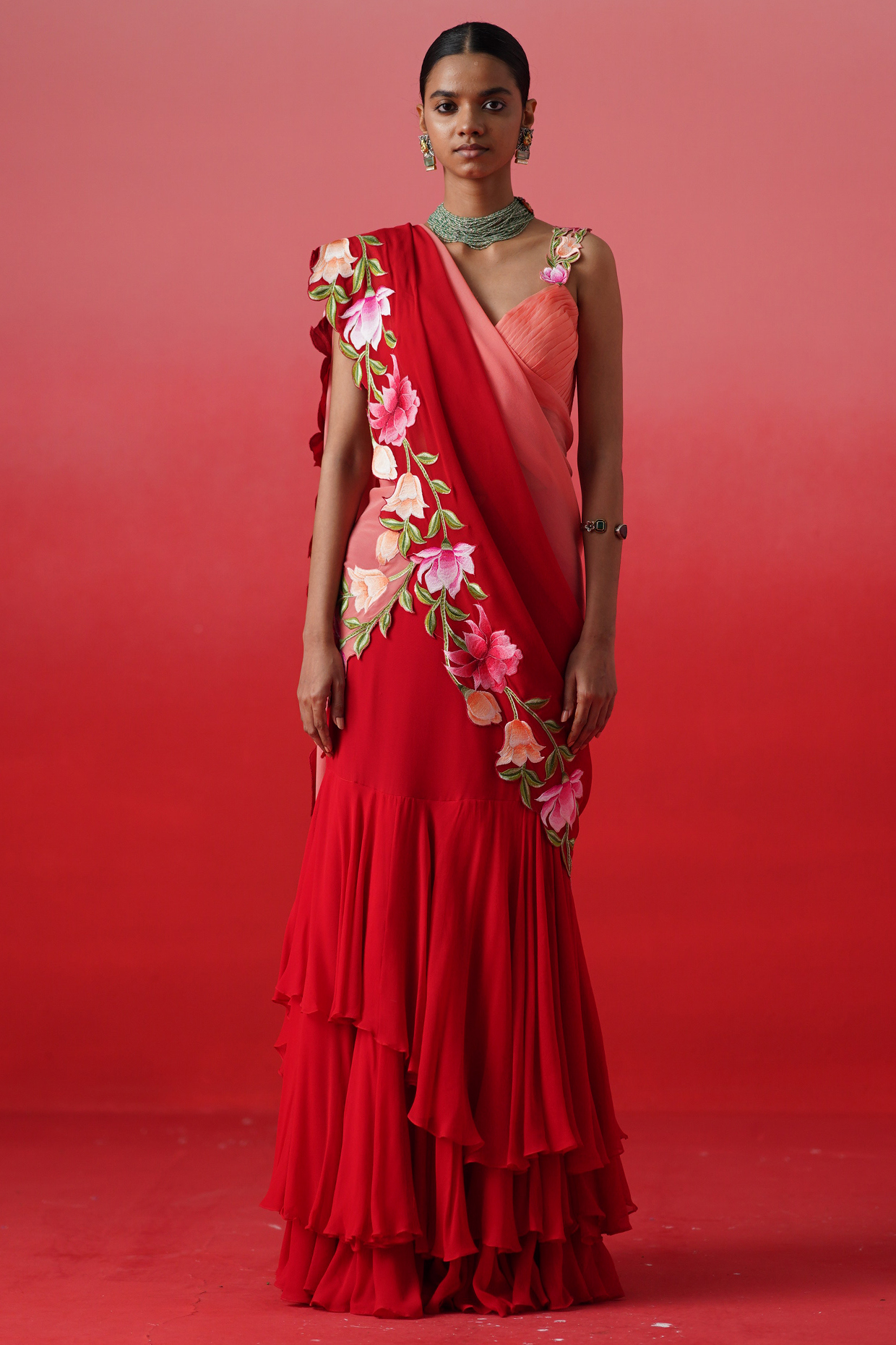 Red Crepe Layered Wedding Lehenga Set by Kavitha Gutta at Pernia's Pop Up Shop