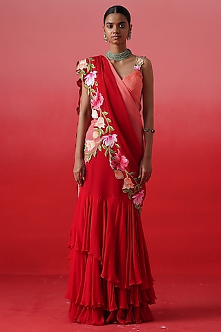 Red Crepe Layered Lehenga Set by Kavitha Gutta