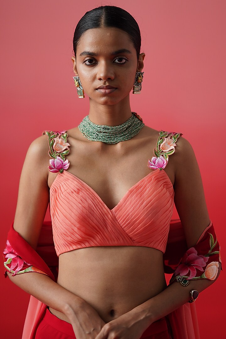 Red Crepe Layered Wedding Lehenga Set by Kavitha Gutta at Pernia's Pop Up Shop