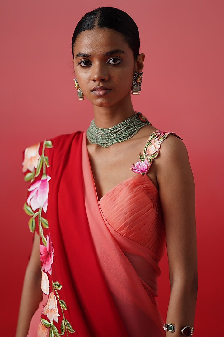 Red Crepe Layered Wedding Lehenga Set by Kavitha Gutta at Pernia's Pop Up Shop