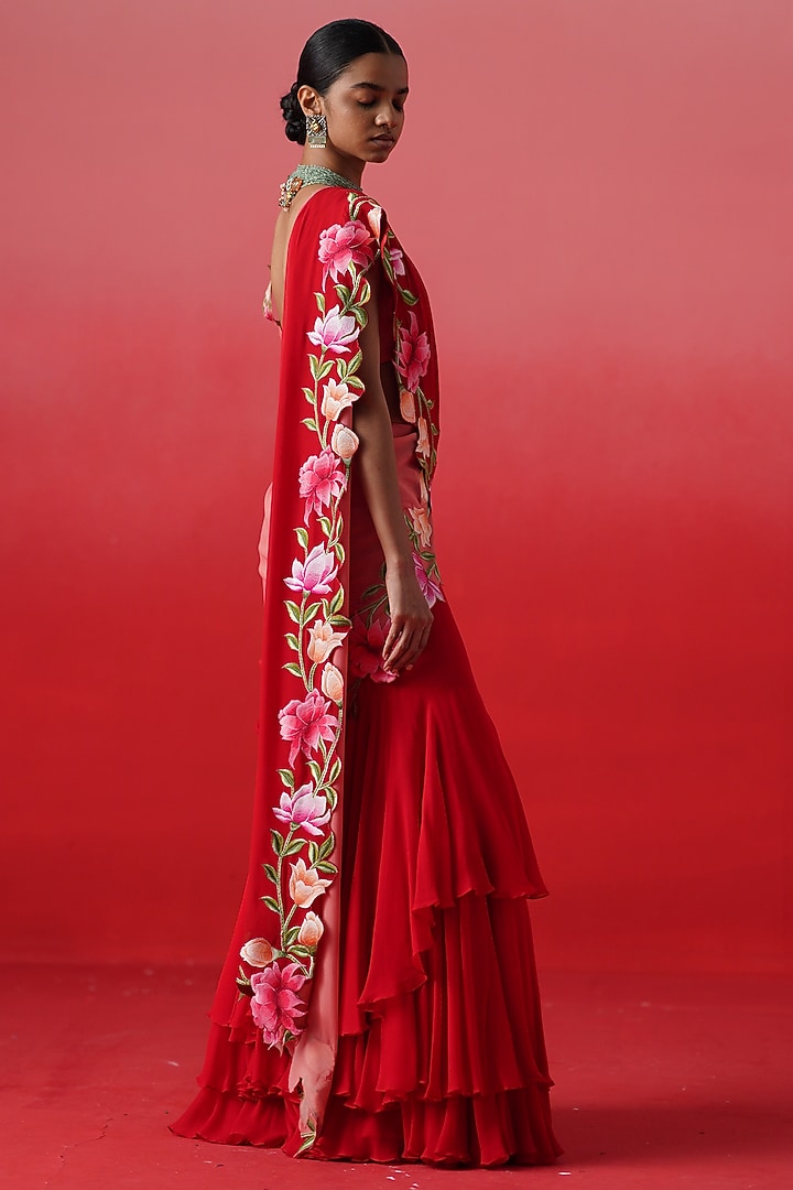 Red Crepe Layered Wedding Lehenga Set by Kavitha Gutta at Pernia's Pop Up Shop