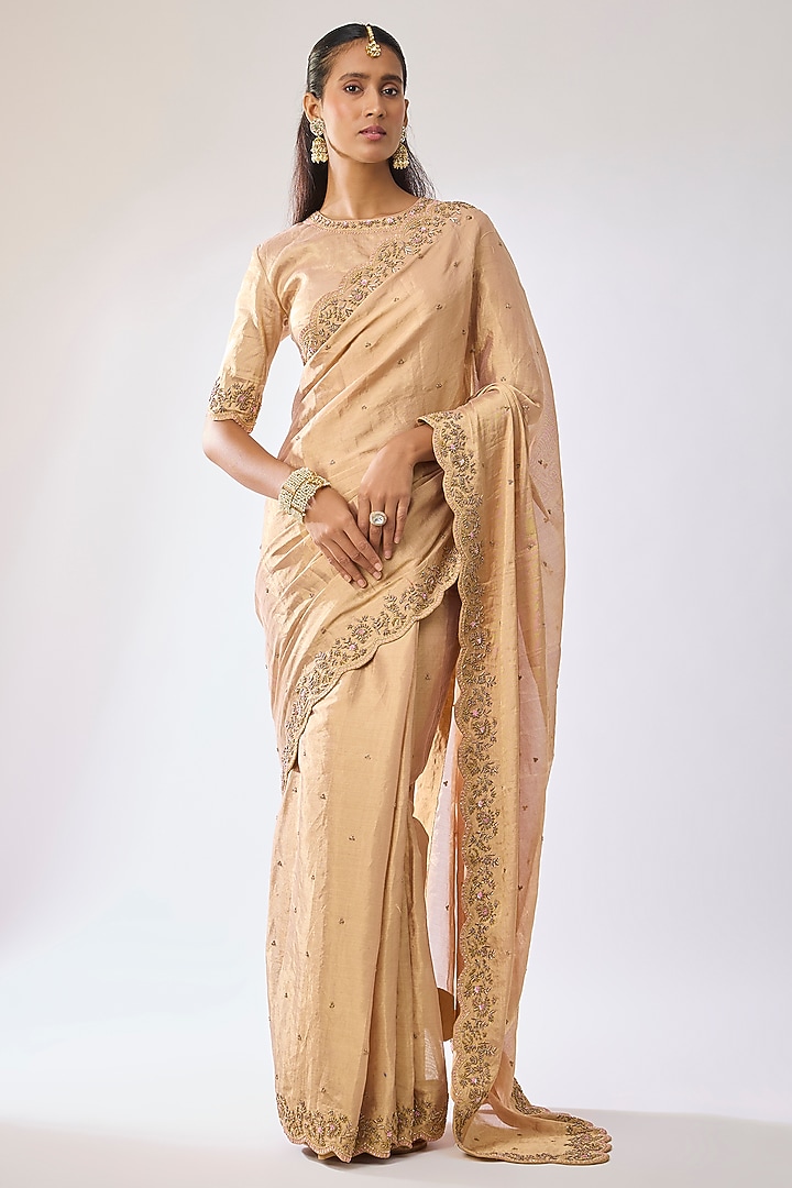 Gold Tissue Bead Work Reception Saree Set by Kavitha Gutta at Pernia's Pop Up Shop