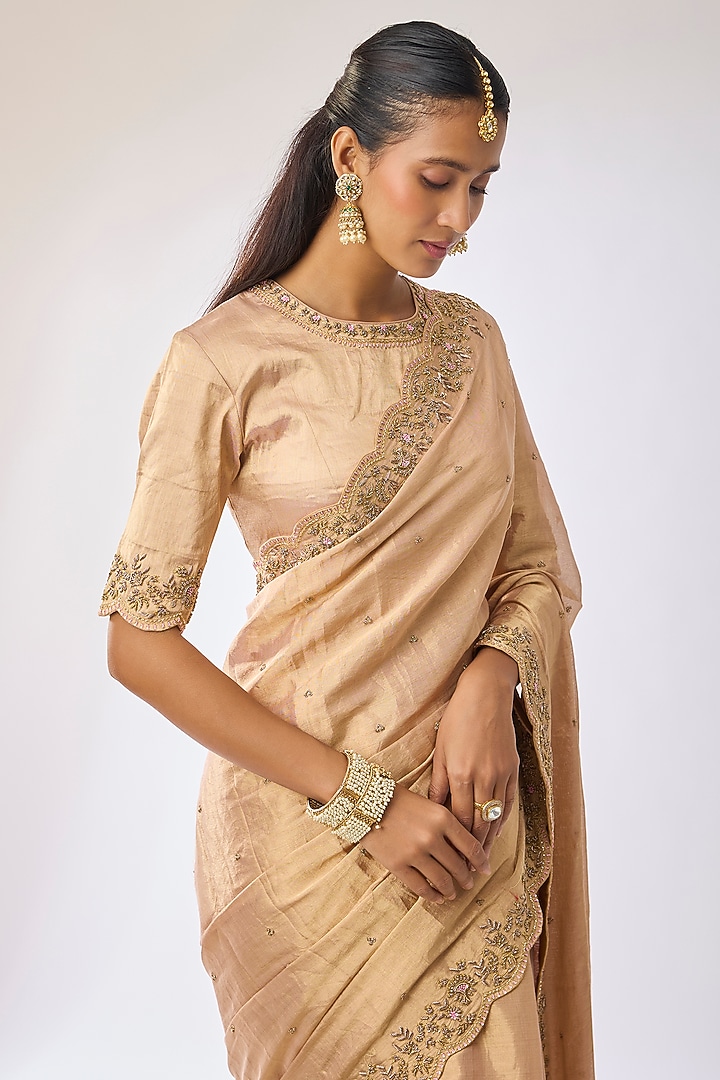 Gold Tissue Bead Work Reception Saree Set by Kavitha Gutta at Pernia's Pop Up Shop