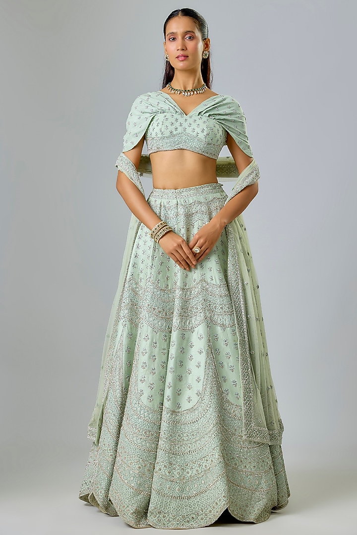 Mint Green Raw Silk Sequin & Thread Embroidered Bridal lehenga for 22 Lehenga Set by Kavitha Gutta at Pernia's Pop Up Shop