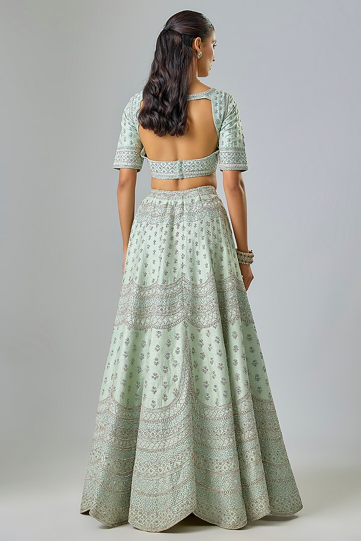 Mint Green Raw Silk Sequin & Thread Embroidered Bridal Lehenga Set by Kavitha Gutta at Pernia's Pop Up Shop