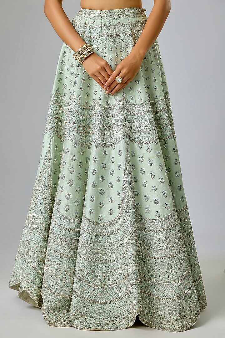 Mint Green Raw Silk Sequin & Thread Embroidered Bridal Lehenga Set by Kavitha Gutta at Pernia's Pop Up Shop