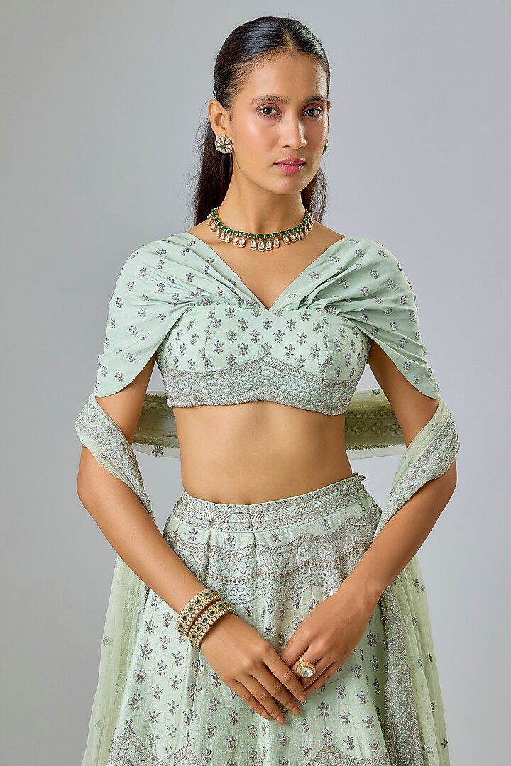 Mint Green Raw Silk Sequin & Thread Embroidered Bridal Lehenga Set by Kavitha Gutta at Pernia's Pop Up Shop