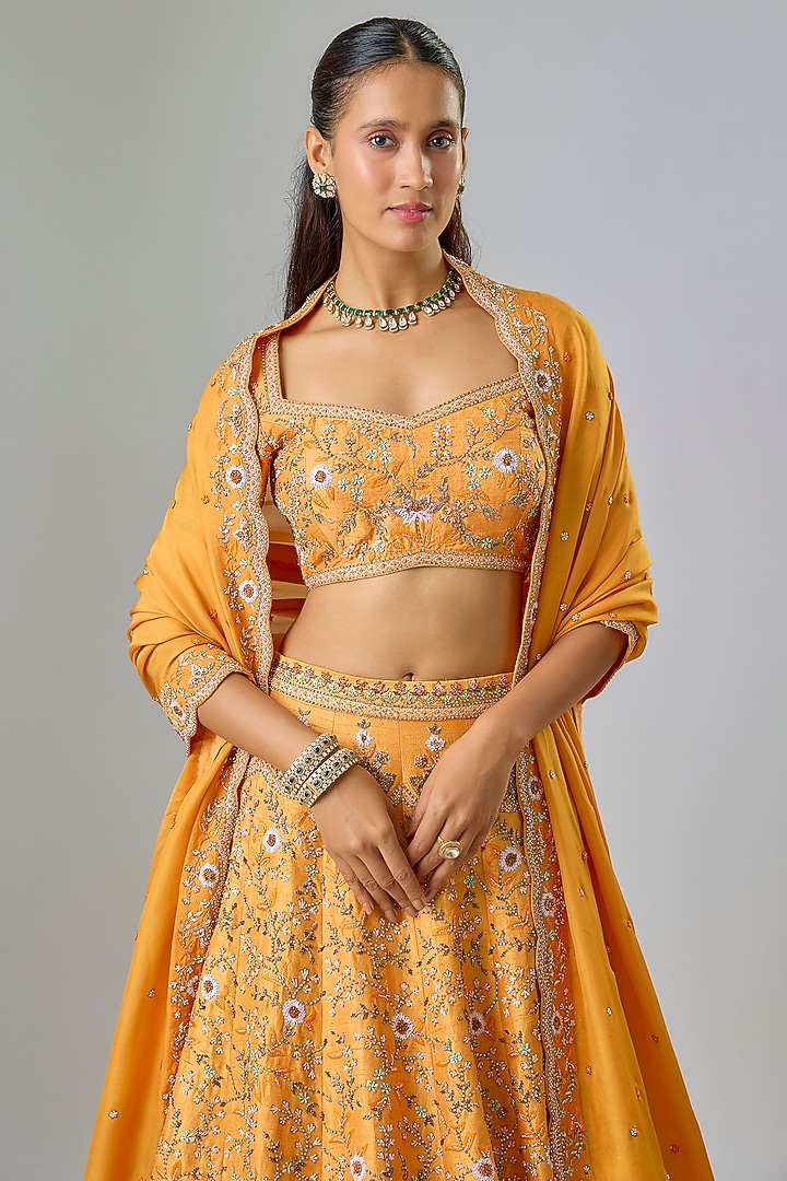 Orange Raw Silk Swarovski Crystal Embroidered Bridal Lehenga Set by Kavitha Gutta at Pernia's Pop Up Shop