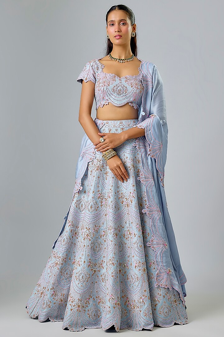 Powder Blue Raw Silk Swarovski & Thread Embroidered Bridal lehenga for 22 Lehenga Set by Kavitha Gutta at Pernia's Pop Up Shop