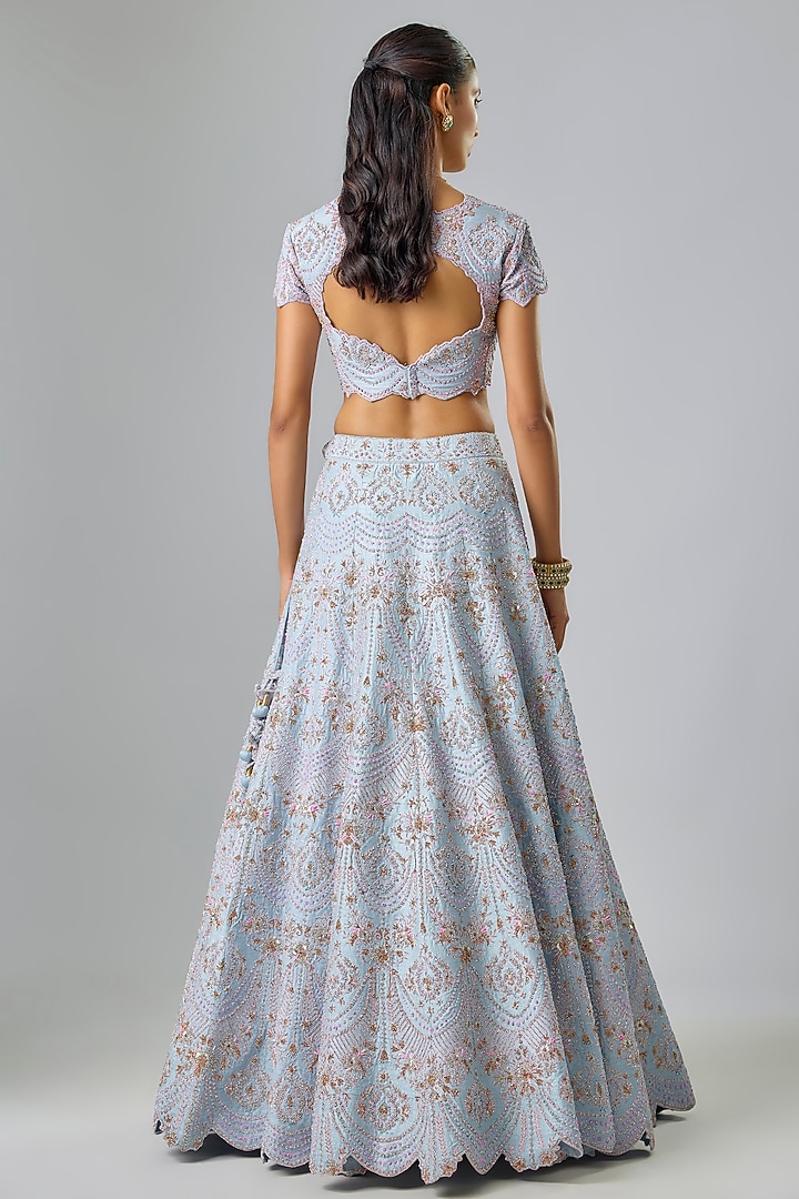 Powder Blue Raw Silk Swarovski & Thread Embroidered Bridal Lehenga Set by Kavitha Gutta at Pernia's Pop Up Shop