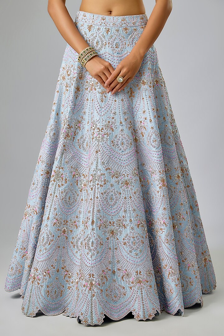 Powder Blue Raw Silk Swarovski & Thread Embroidered Bridal Lehenga Set by Kavitha Gutta at Pernia's Pop Up Shop