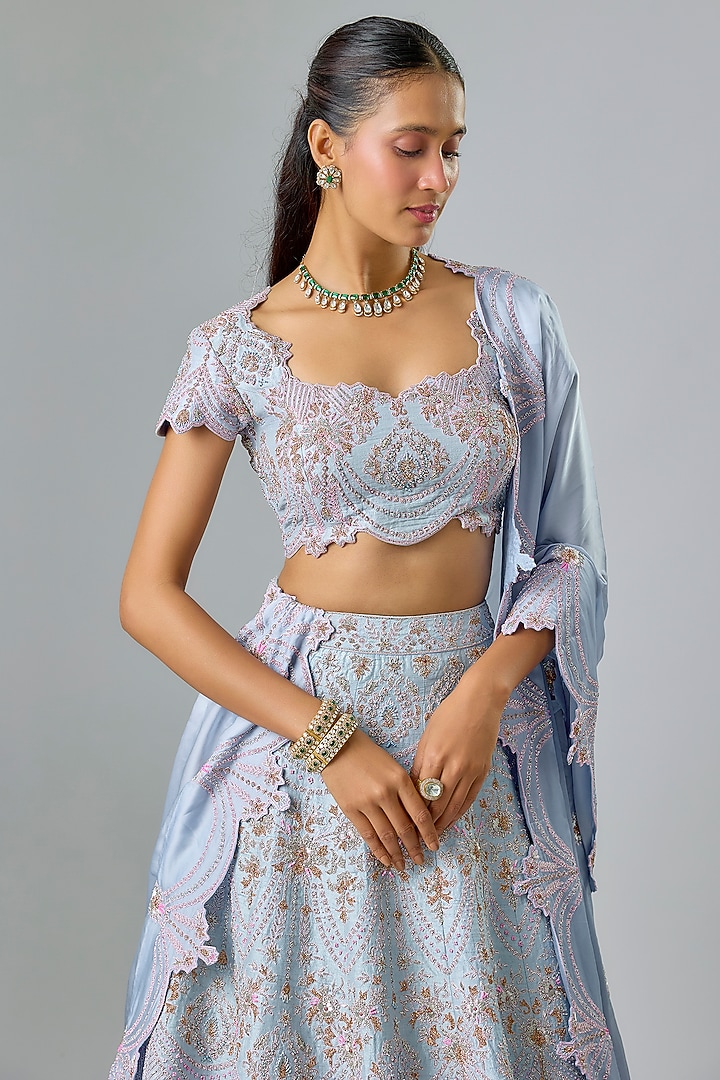 Powder Blue Raw Silk Swarovski & Thread Embroidered Bridal Lehenga Set by Kavitha Gutta at Pernia's Pop Up Shop