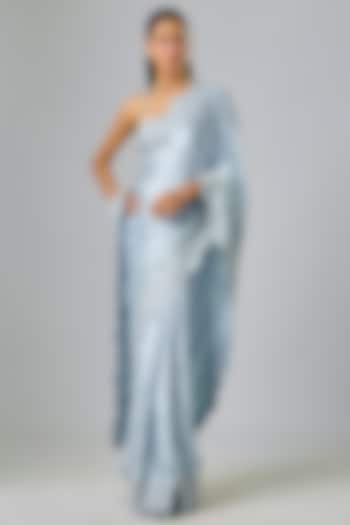 Powder Blue Satin Swarovski & Sequin Embroidered Bridal Saree Set by Kavitha Gutta at Pernia's Pop Up Shop