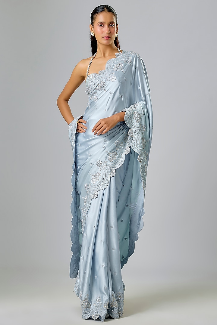 Powder Blue Satin Swarovski & Sequin Embroidered Bridal Saree Set by Kavitha Gutta at Pernia's Pop Up Shop