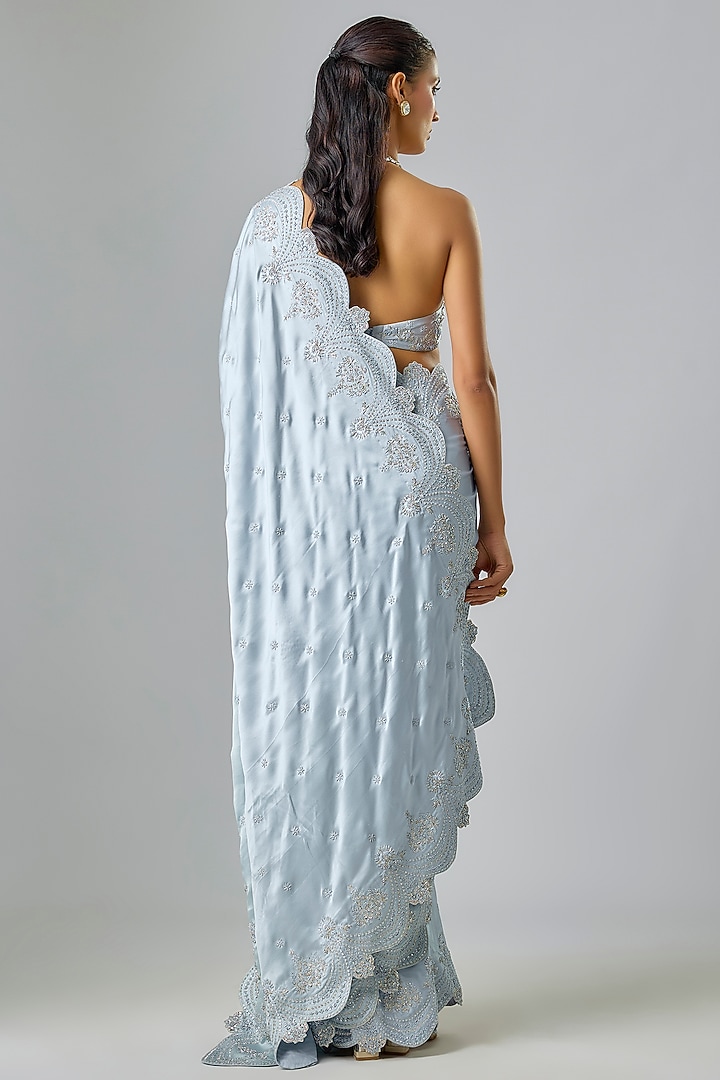 Powder Blue Satin Swarovski & Sequin Embroidered Bridal Saree Set by Kavitha Gutta at Pernia's Pop Up Shop
