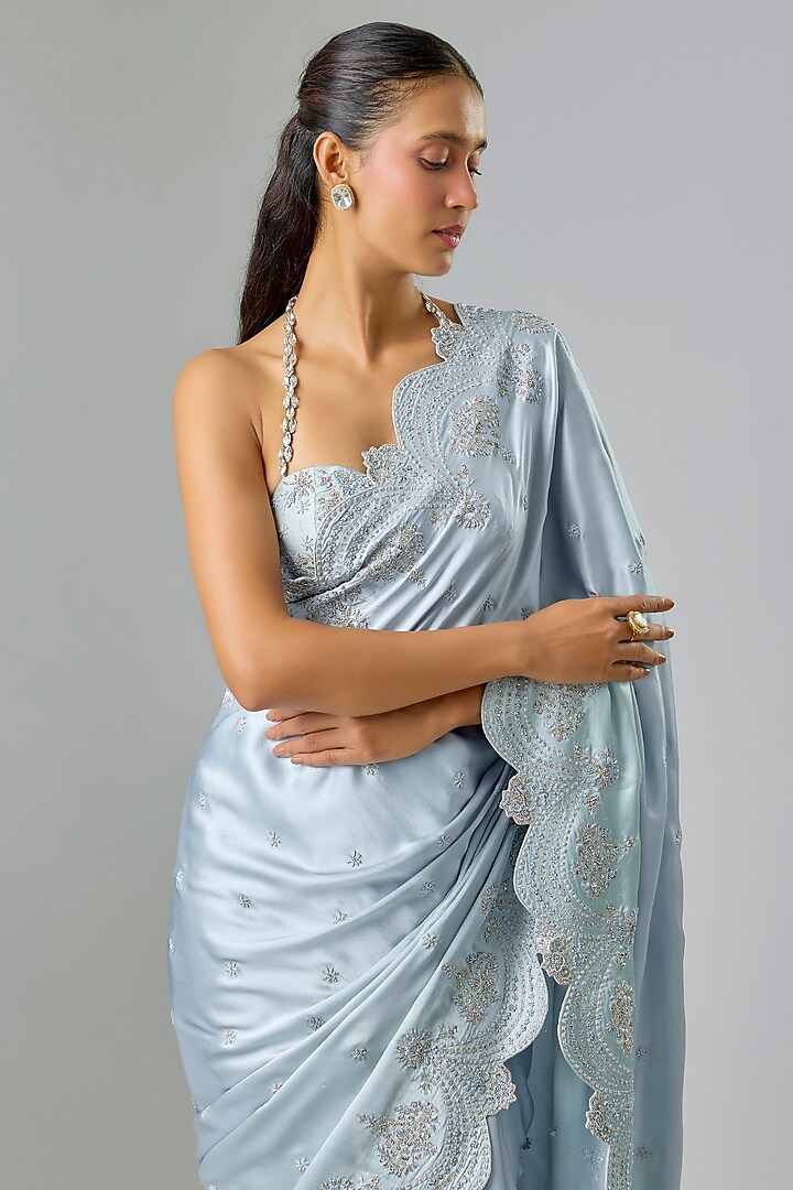 Powder Blue Satin Swarovski & Sequin Embroidered Bridal Saree Set by Kavitha Gutta at Pernia's Pop Up Shop