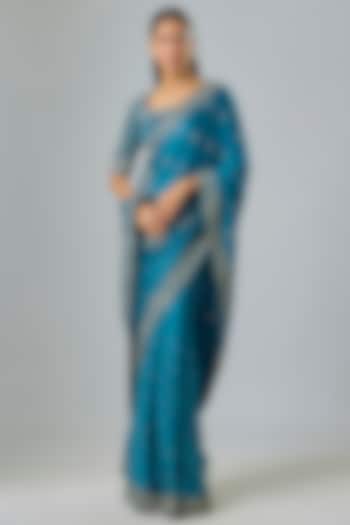 Teal Blue Satin Resham Hand Embroidered Bridal Saree Set by Kavitha Gutta at Pernia's Pop Up Shop