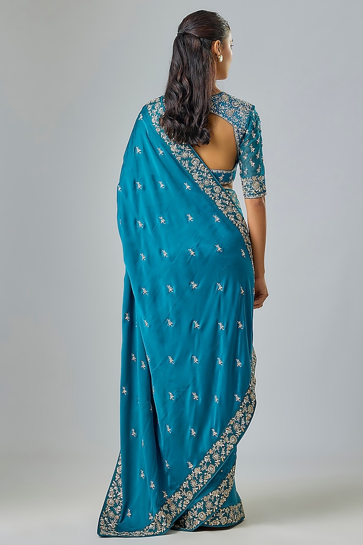 Teal Blue Satin Resham Hand Embroidered Bridal Saree Set by Kavitha Gutta at Pernia's Pop Up Shop