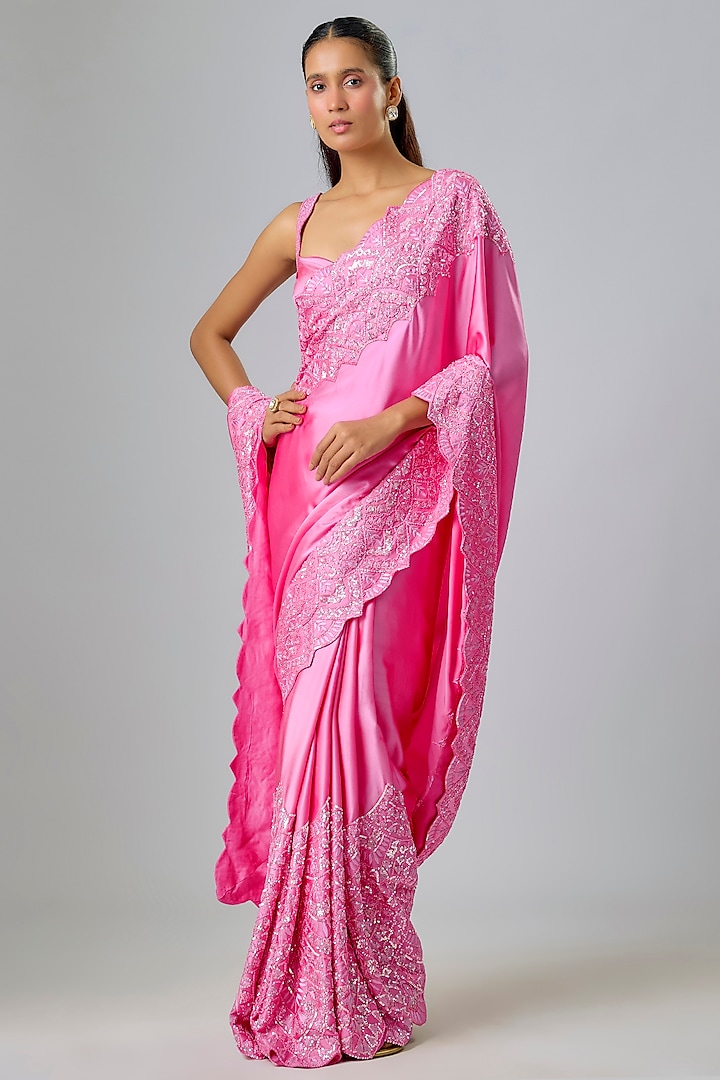 Magenta Satin Sequin & Thread Embroidered Bridal Saree Set by Kavitha Gutta at Pernia's Pop Up Shop