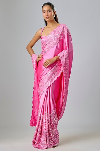 Magenta Satin Sequin & Thread Embroidered Saree Set by Kavitha Gutta