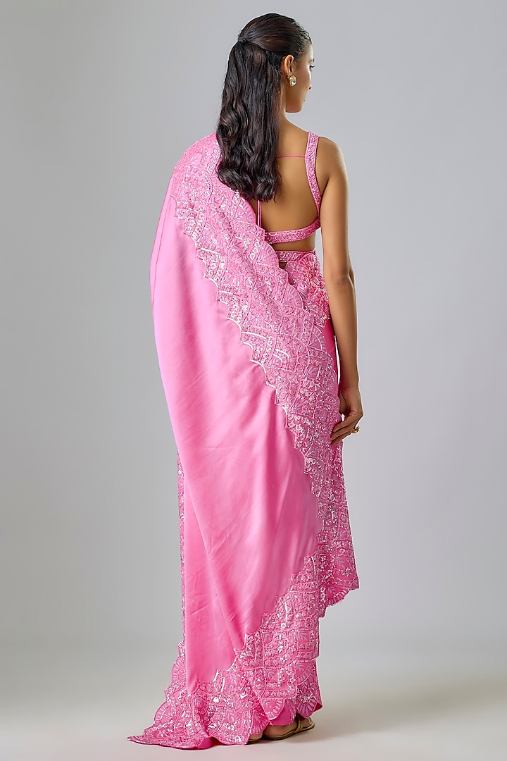 Magenta Satin Sequin & Thread Embroidered Bridal Saree Set by Kavitha Gutta at Pernia's Pop Up Shop