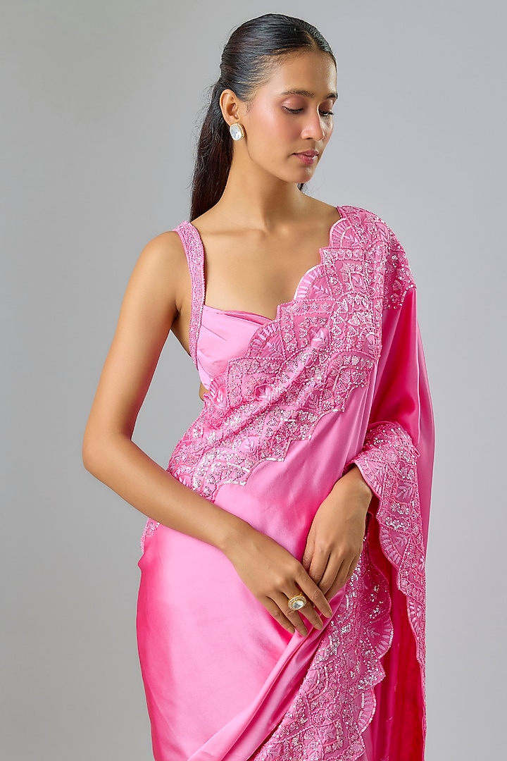 Magenta Satin Sequin & Thread Embroidered Bridal Saree Set by Kavitha Gutta at Pernia's Pop Up Shop