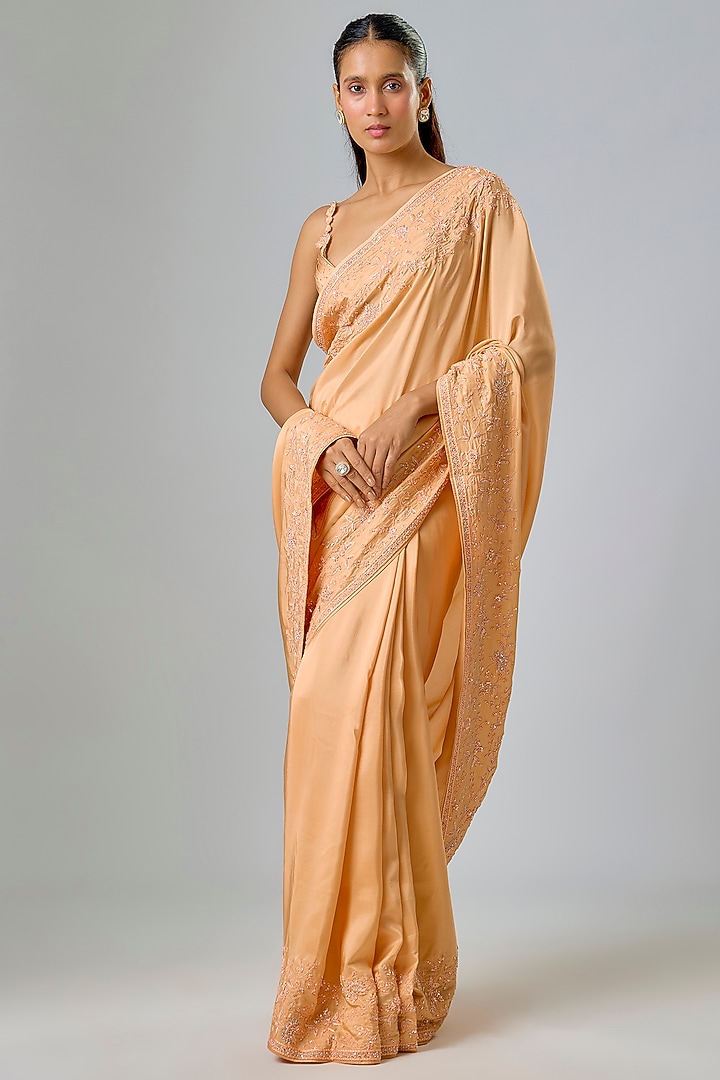 Peach Satin Sequin & Thread Embroidered Bridal Saree Set by Kavitha Gutta at Pernia's Pop Up Shop