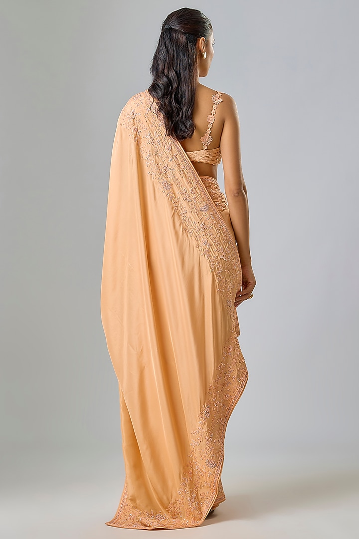 Peach Satin Sequin & Thread Embroidered Bridal Saree Set by Kavitha Gutta at Pernia's Pop Up Shop