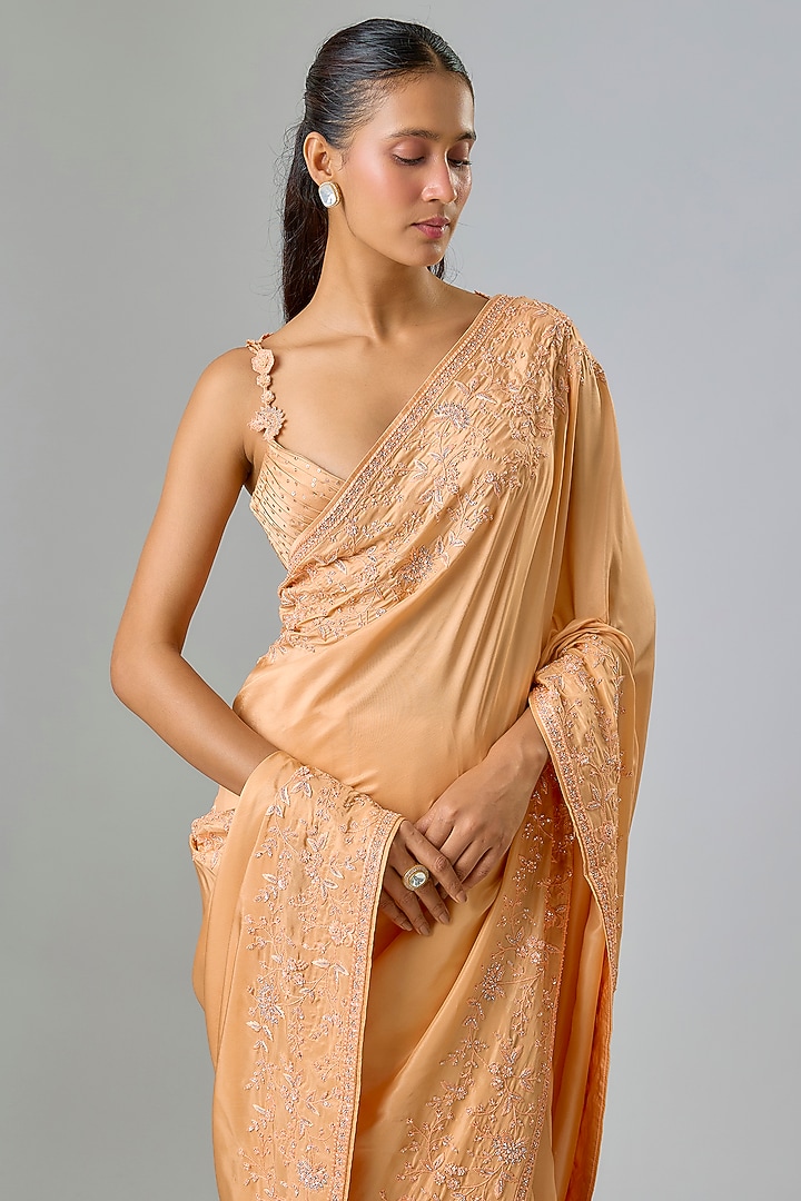 Peach Satin Sequin & Thread Embroidered Bridal Saree Set by Kavitha Gutta at Pernia's Pop Up Shop