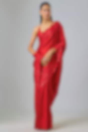 Red Satin Sequin & Thread Embroidered Bridal Saree Set by Kavitha Gutta at Pernia's Pop Up Shop