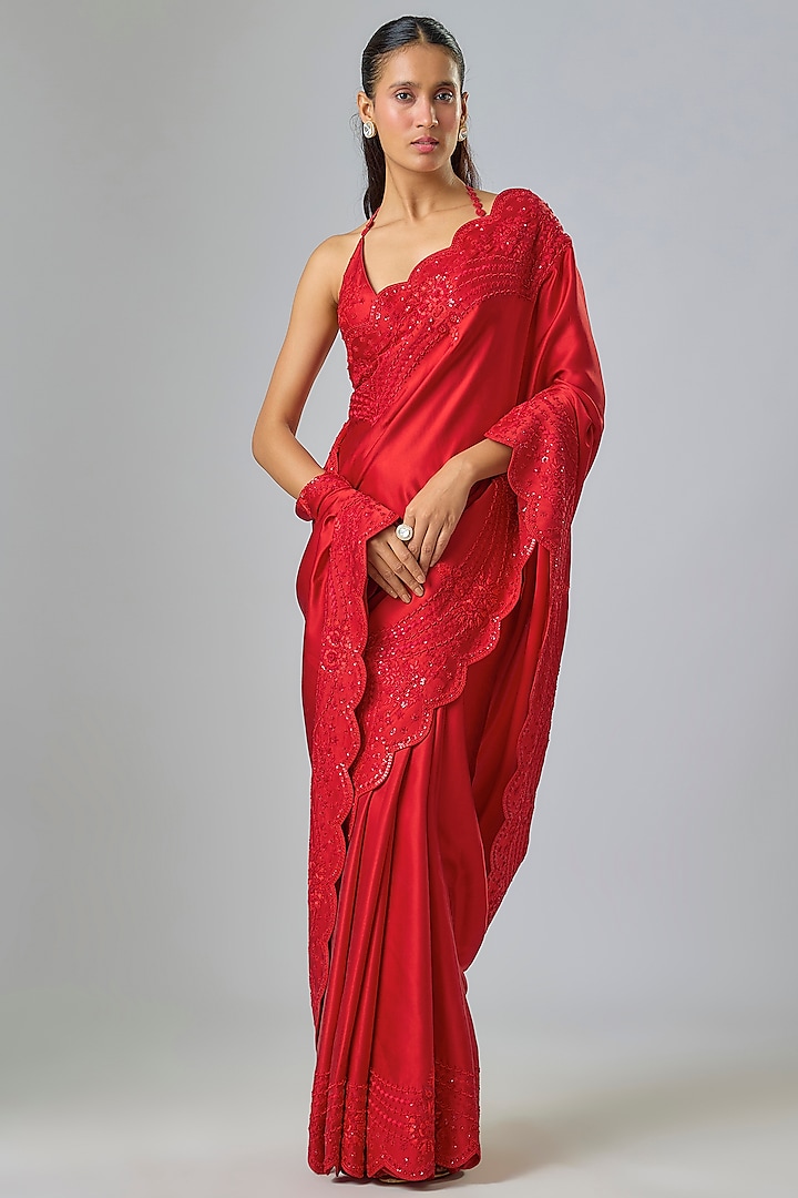 Red Satin Sequin & Thread Embroidered Bridal Saree Set by Kavitha Gutta at Pernia's Pop Up Shop
