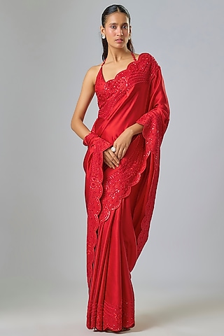 Red Satin Sequin & Thread Embroidered Saree Set by Kavitha Gutta