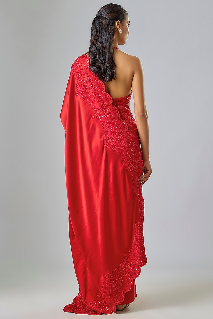 Red Satin Sequin & Thread Embroidered Bridal Saree Set by Kavitha Gutta at Pernia's Pop Up Shop