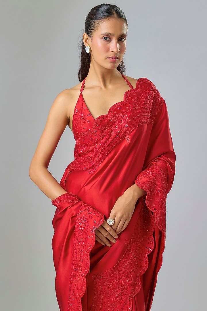Red Satin Sequin & Thread Embroidered Bridal Saree Set by Kavitha Gutta at Pernia's Pop Up Shop