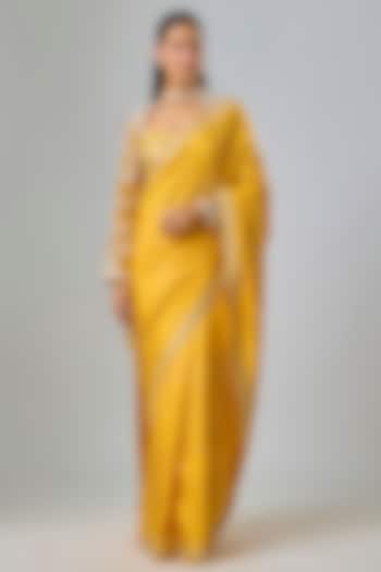 Yellow Satin Zardosi & Sequin Hand Embroidered Bridal Saree Set by Kavitha Gutta at Pernia's Pop Up Shop