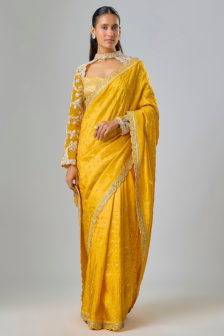 Yellow Satin Zardosi & Sequin Hand Embroidered Bridal Saree Set by Kavitha Gutta at Pernia's Pop Up Shop
