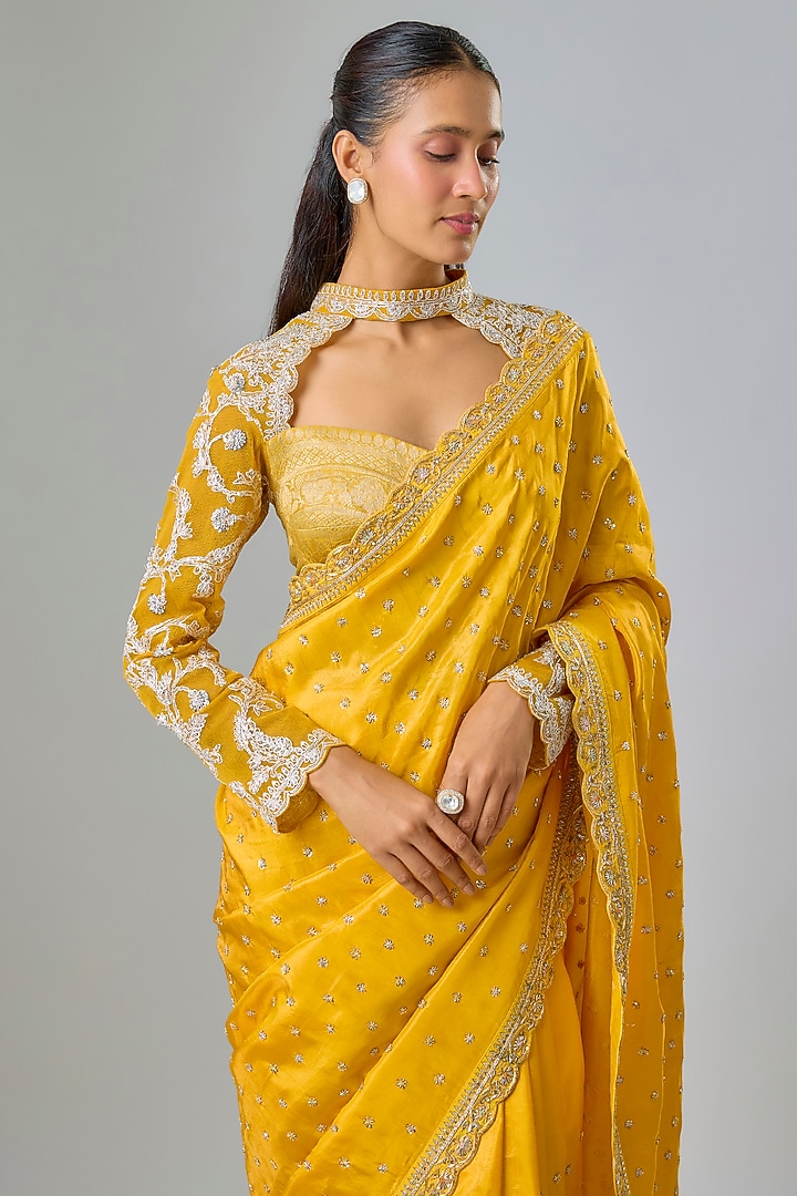Yellow Satin Zardosi & Sequin Hand Embroidered Bridal Saree Set by Kavitha Gutta at Pernia's Pop Up Shop