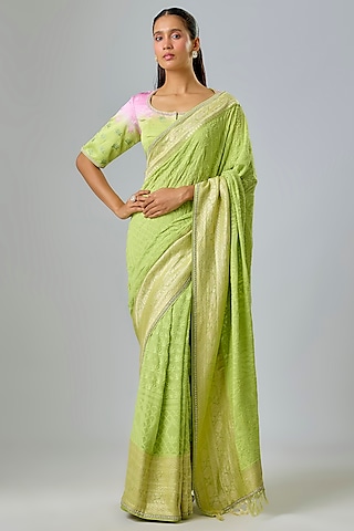 Green Chikankari Zari & Sequin Embroidered Saree Set by Kavitha Gutta