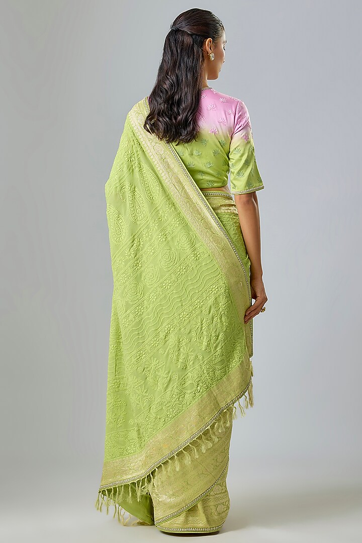 Green Chikankari Zari & Sequin Embroidered Bridal Saree Set by Kavitha Gutta at Pernia's Pop Up Shop